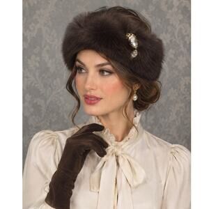 NEW Lily & Taylor Fox Fur Headband Wrap Jeweled Dark Brown Vintage Old Money